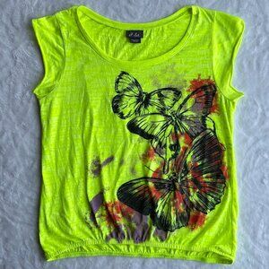 Neon Yellow cinched Tee with Sparkly Butterfly Graphic, Dots